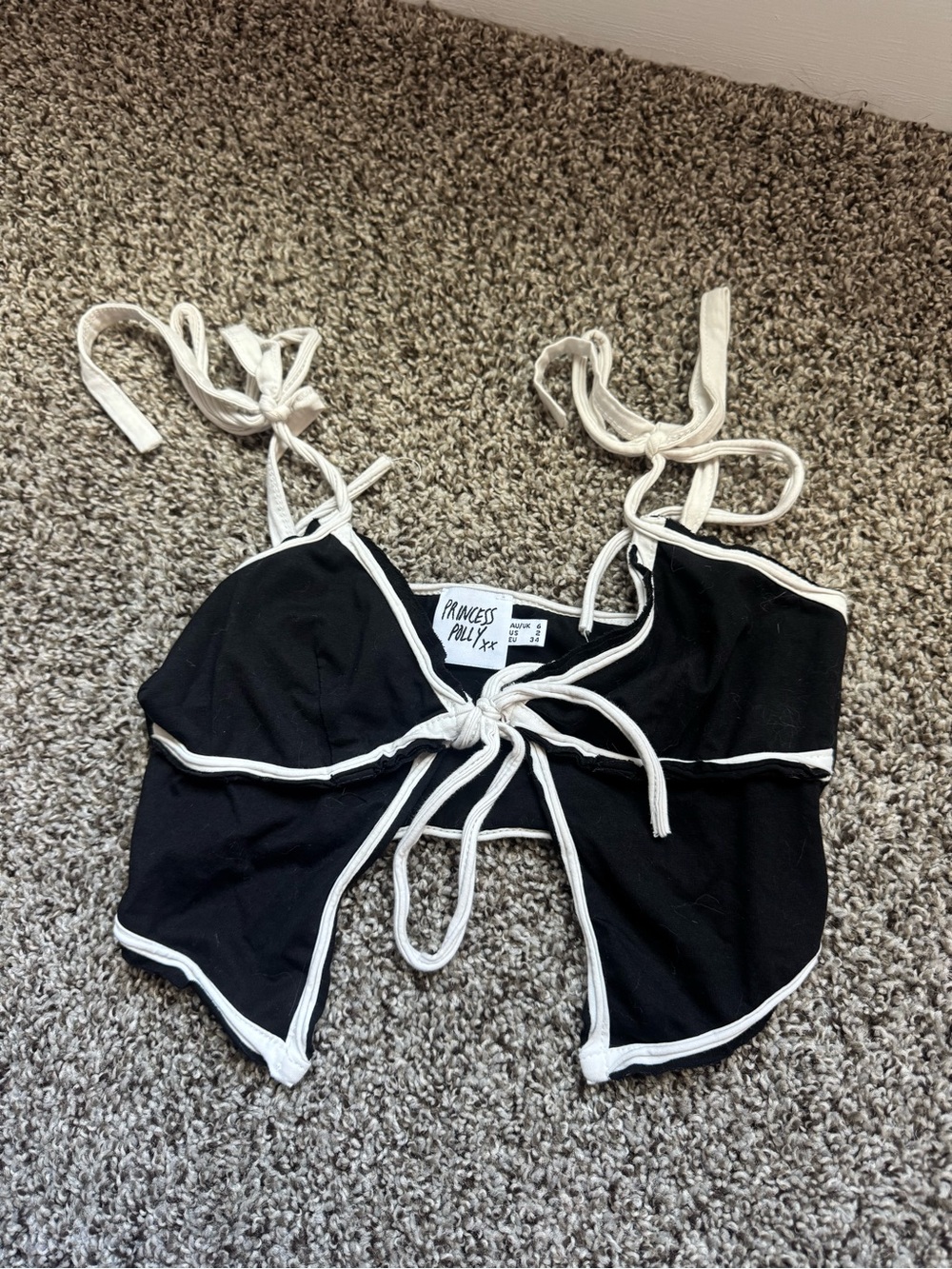Princess Polly Black Crop Tie-Front Tank with White Trim